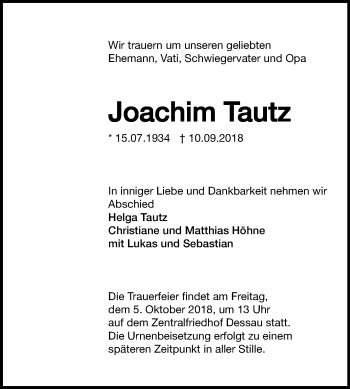 Traueranzeige von Joachim Tautz von Mitteldeutsche Zeitung Dessau-Roßlau