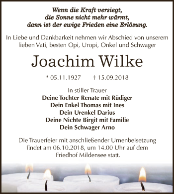 Traueranzeige von Joachim Wilke von WVG - Wochenspiegel Dessau / Köthen