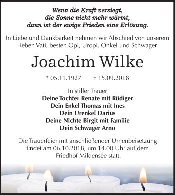 Traueranzeige von Joachim Wilke von Mitteldeutsche Zeitung Dessau-Roßlau