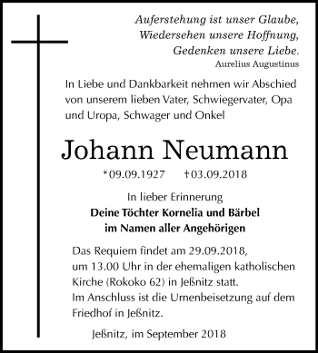 Traueranzeige von Johann Neumann von Mitteldeutsche Zeitung Bitterfeld