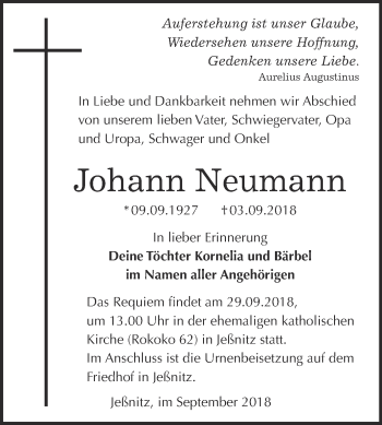 Traueranzeige von Johann Neumann von WVG - Wochenspiegel Bitterfeld
