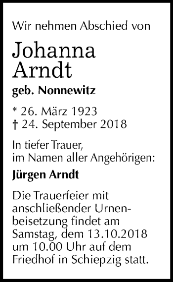 Traueranzeige von Johanna Arndt von Mitteldeutsche Zeitung Halle/Saalkreis