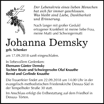 Traueranzeige von Johanna Demsky von Mitteldeutsche Zeitung Dessau-Roßlau