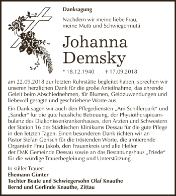 Traueranzeige von Johanna Demsky von WVG - Wochenspiegel Dessau / Köthen