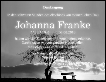 Traueranzeige von Johanna Franke von Mitteldeutsche Zeitung Halle/Saalkreis