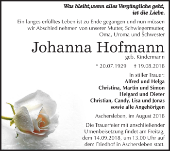 Traueranzeige von Johanna Hofmann von Mitteldeutsche Zeitung Aschersleben