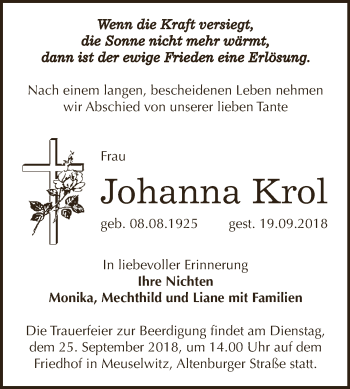 Traueranzeige von Johanna Krol von Super Sonntag Zeitz