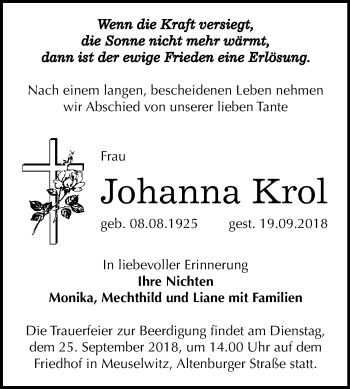 Traueranzeige von Johanna Krol von Mitteldeutsche Zeitung Zeitz
