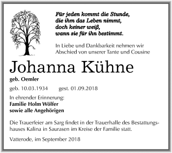 Traueranzeige von Johanna Kühne von Mitteldeutsche Zeitung