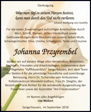 Traueranzeige von Johanna Przyrembel von Super Sonntag SGH Mansf. Land