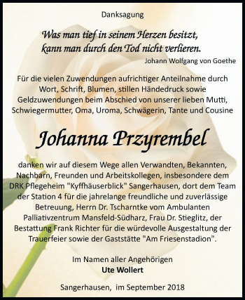 Traueranzeige von Johanna Przyrembel von Mitteldeutsche Zeitung Sangerhausen