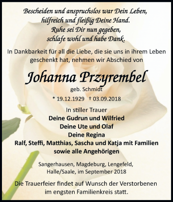 Traueranzeige von Johanna Przyrembel von Mitteldeutsche Zeitung