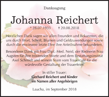 Traueranzeige von Johanna Reichert von Mitteldeutsche Zeitung