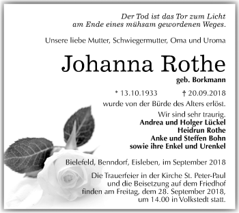 Traueranzeige von Johanna Rothe von Mitteldeutsche Zeitung