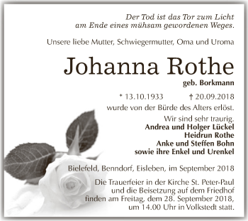 Traueranzeige von Johanna Rothe von Wochenspiegel Mansfelder Land