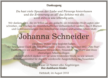 Traueranzeige von Johanna Schneider von Wochenspiegel Mansfelder Land