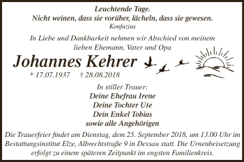 Traueranzeige von Johannes Kehrer von WVG - Wochenspiegel Dessau / Köthen