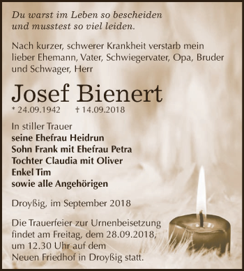 Traueranzeige von Josef Bienert von Super Sonntag Zeitz