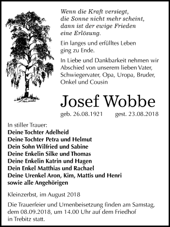 Traueranzeige von Josef Wobbe von Mitteldeutsche Zeitung