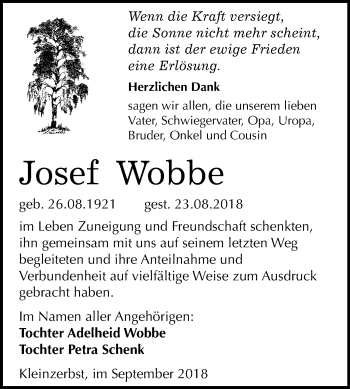 Traueranzeige von Josef Wobbe von Mitteldeutsche Zeitung