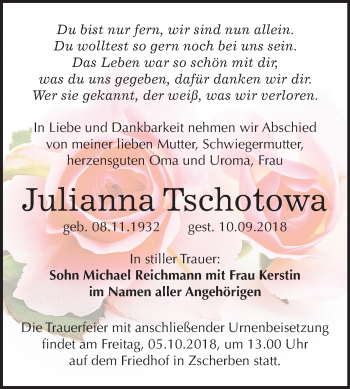 Traueranzeige von Julianna Tschotowa von Mitteldeutsche Zeitung Halle/Saalkreis