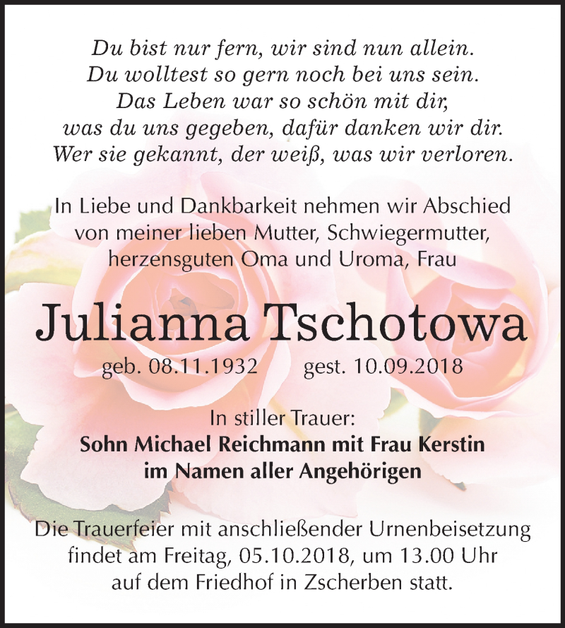  Traueranzeige für Julianna Tschotowa vom 22.09.2018 aus Mitteldeutsche Zeitung Halle/Saalkreis