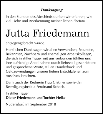 Traueranzeige von Jutta Friedemann von Mitteldeutsche Zeitung