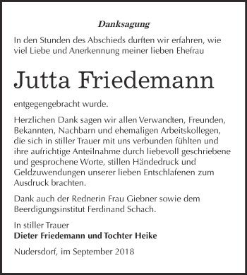 Traueranzeige von Jutta Friedemann von Super Sonntag Wittenberg