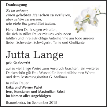 Traueranzeige von Jutta Lange von WVG - Wochenspiegel Merseburg