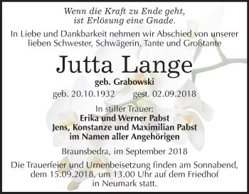 Traueranzeige von Jutta Lange von Mitteldeutsche Zeitung Merseburg/Querfurt