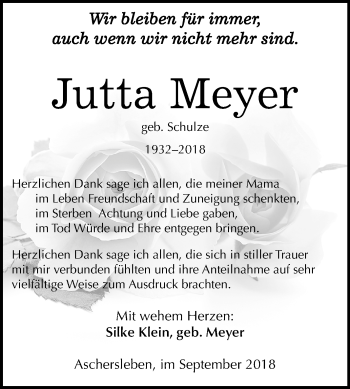 Traueranzeige von Jutta Meyer von Mitteldeutsche Zeitung Aschersleben