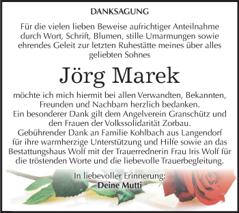 Traueranzeige von Jörg Marek von Mitteldeutsche Zeitung Weißenfels