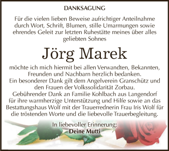 Traueranzeige von Jörg Marek von WVG - Wochenspiegel NMB / WSF / ZTZ