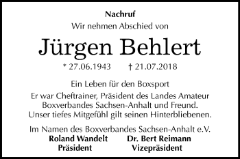 Traueranzeige von Jürgen Behlert von Mitteldeutsche Zeitung Halle/Saalkreis