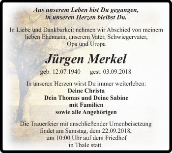 Traueranzeige von Jürgen Merkel von Mitteldeutsche Zeitung Quedlinburg