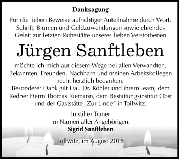 Traueranzeige von Jürgen Sanftleben von Mitteldeutsche Zeitung Merseburg/Querfurt