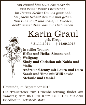 Traueranzeige von Karin Graul von Super Sonntag SGH Mansf. Land