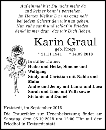 Traueranzeige von Karin Graul von Mitteldeutsche Zeitung