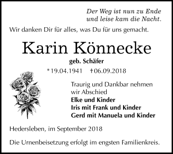 Traueranzeige von Karin Könnecke von Mitteldeutsche Zeitung Quedlinburg