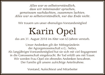 Traueranzeige von Karin Opel von WVG - Wochenspiegel NMB / WSF / ZTZ