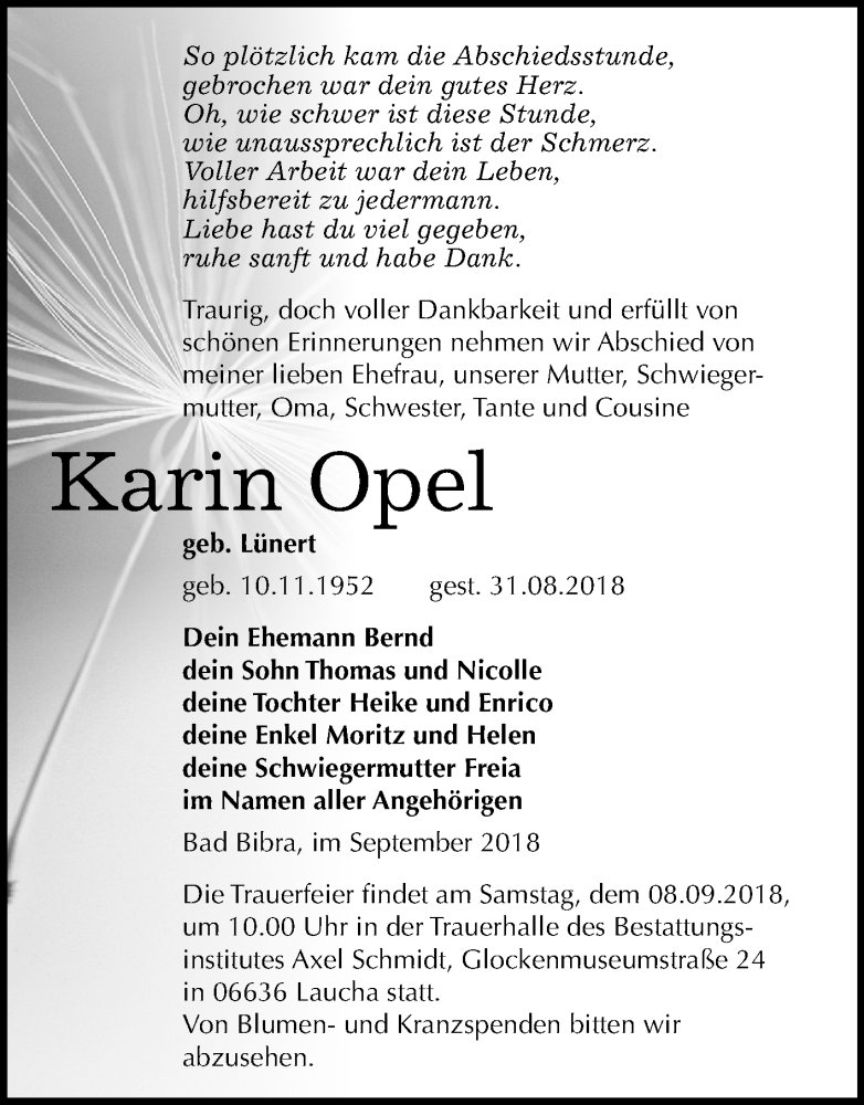  Traueranzeige für Karin Opel vom 04.09.2018 aus Mitteldeutsche Zeitung