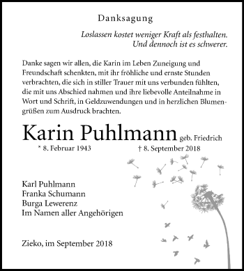 Traueranzeige von Karin Puhlmann von Mitteldeutsche Zeitung