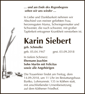 Traueranzeige von Karin Siebert von WVG - Wochenspiegel Dessau / Köthen