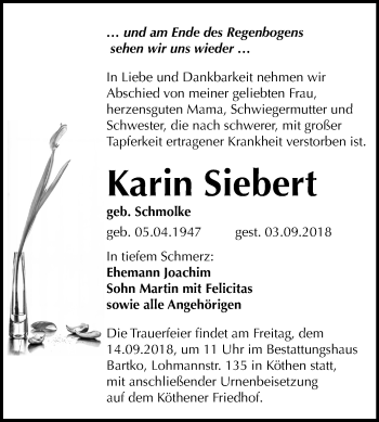 Traueranzeige von Karin Siebert von Mitteldeutsche Zeitung Köthen