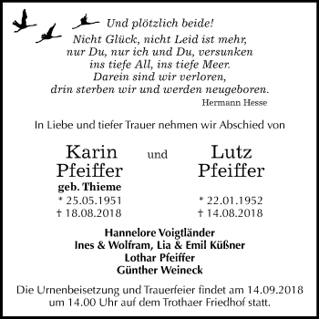Traueranzeige von Karin und Lutz Pfeiffer von Mitteldeutsche Zeitung Halle/Saalkreis