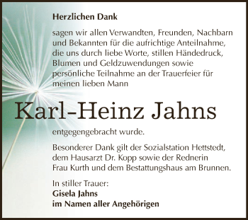 Traueranzeige von Karl-Heinz Jahns von Wochenspiegel Mansfelder Land