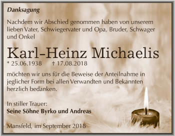 Traueranzeige von Karl-Heinz Michaelis von Wochenspiegel Mansfelder Land