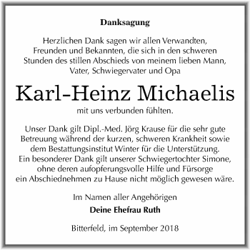 Traueranzeige von Karl-Heinz Michaelis von WVG - Wochenspiegel Bitterfeld