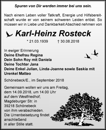 Traueranzeige von Karl-Heinz Rosteck von Mitteldeutsche Zeitung Bernburg