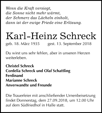 Traueranzeige von Karl-Heinz Schreck von Mitteldeutsche Zeitung Halle/Saalkreis